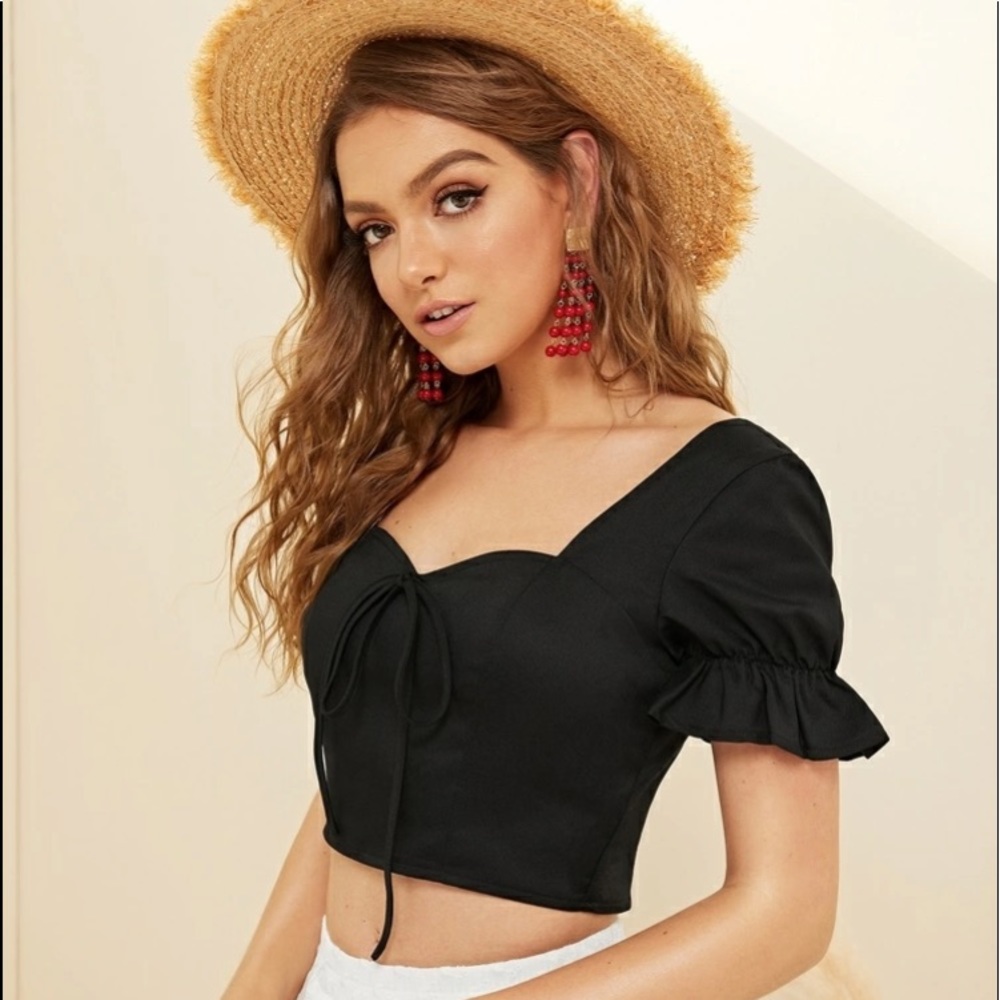 New Black Tie Front Shirred Back Crop Top